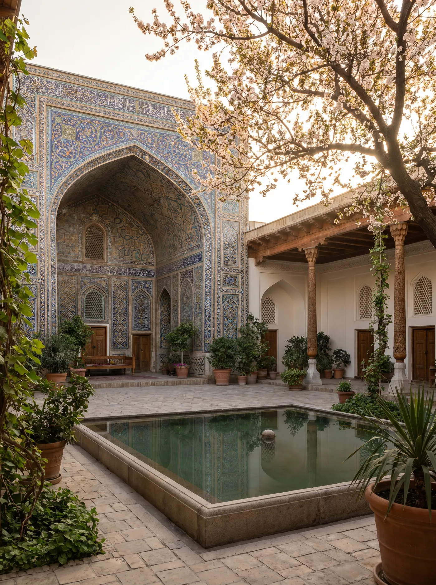 Tranquil tiled courtyard with a reflecting pool in Uzbekistan